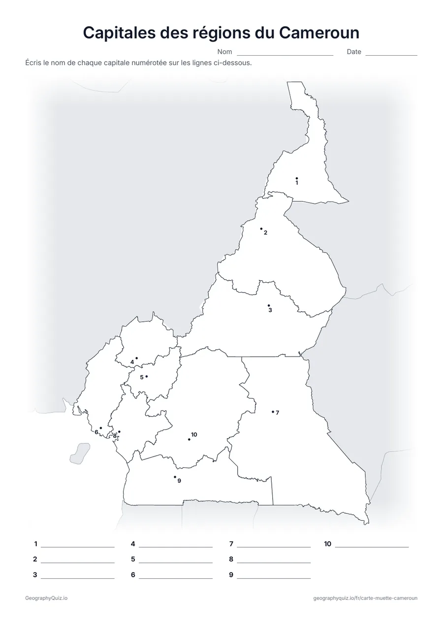 Aperçu de la fiche à imprimer « Capitales des régions du Cameroun »