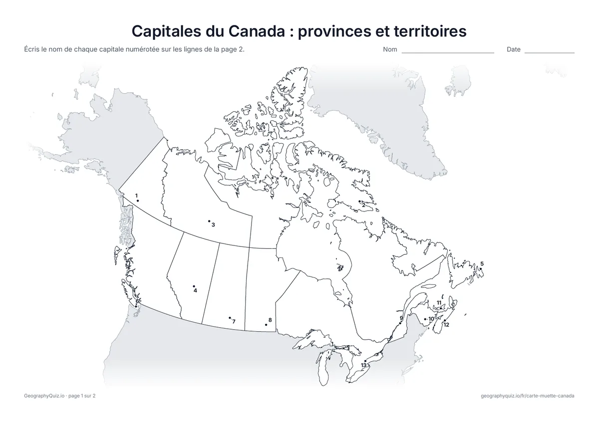 Aperçu de la fiche à imprimer « Capitales du Canada : provinces et territoires »