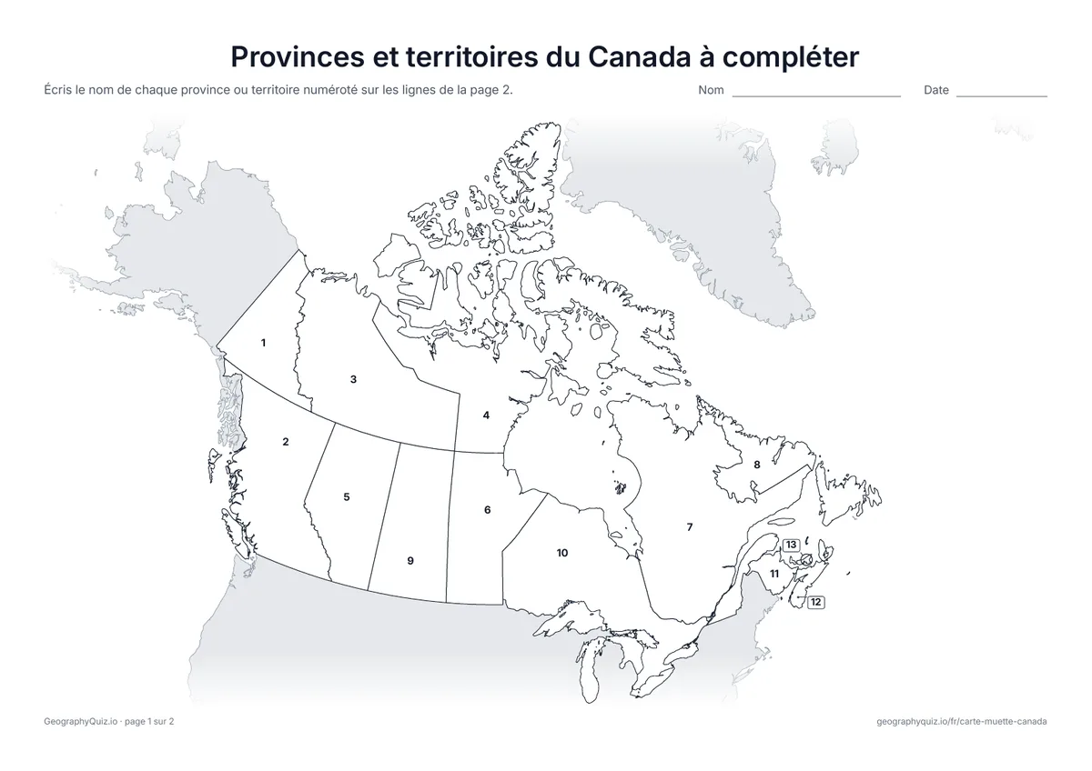 Aperçu de la fiche à imprimer « Provinces et territoires du Canada à compléter »