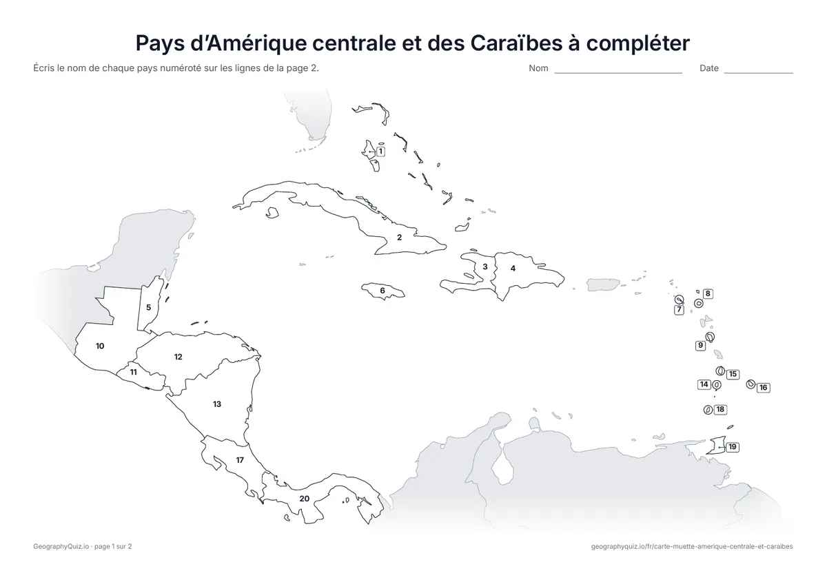 Aperçu de la fiche à imprimer « Pays d’Amérique centrale et des Caraïbes à compléter »