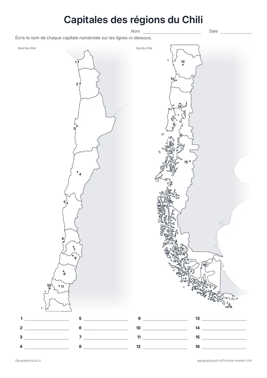 Aperçu de la fiche à imprimer « Capitales des régions du Chili »