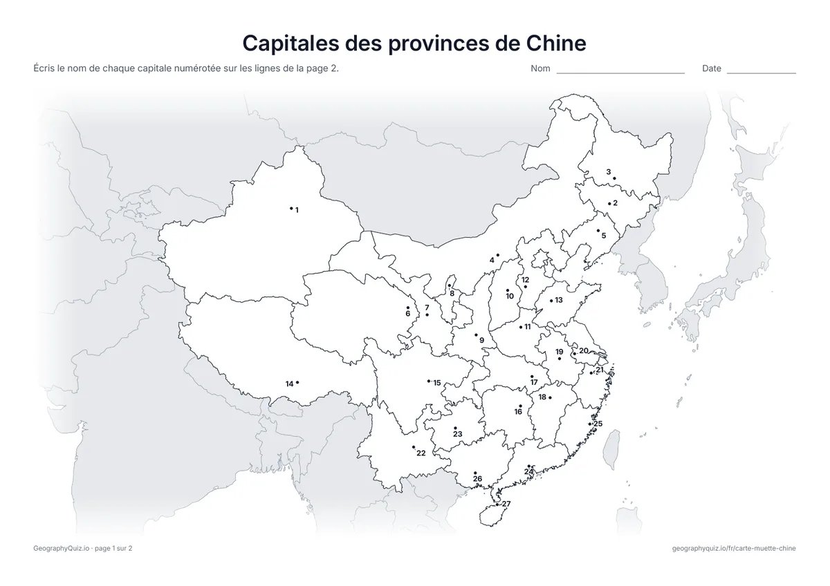Aperçu de la fiche à imprimer « Capitales des provinces de Chine »
