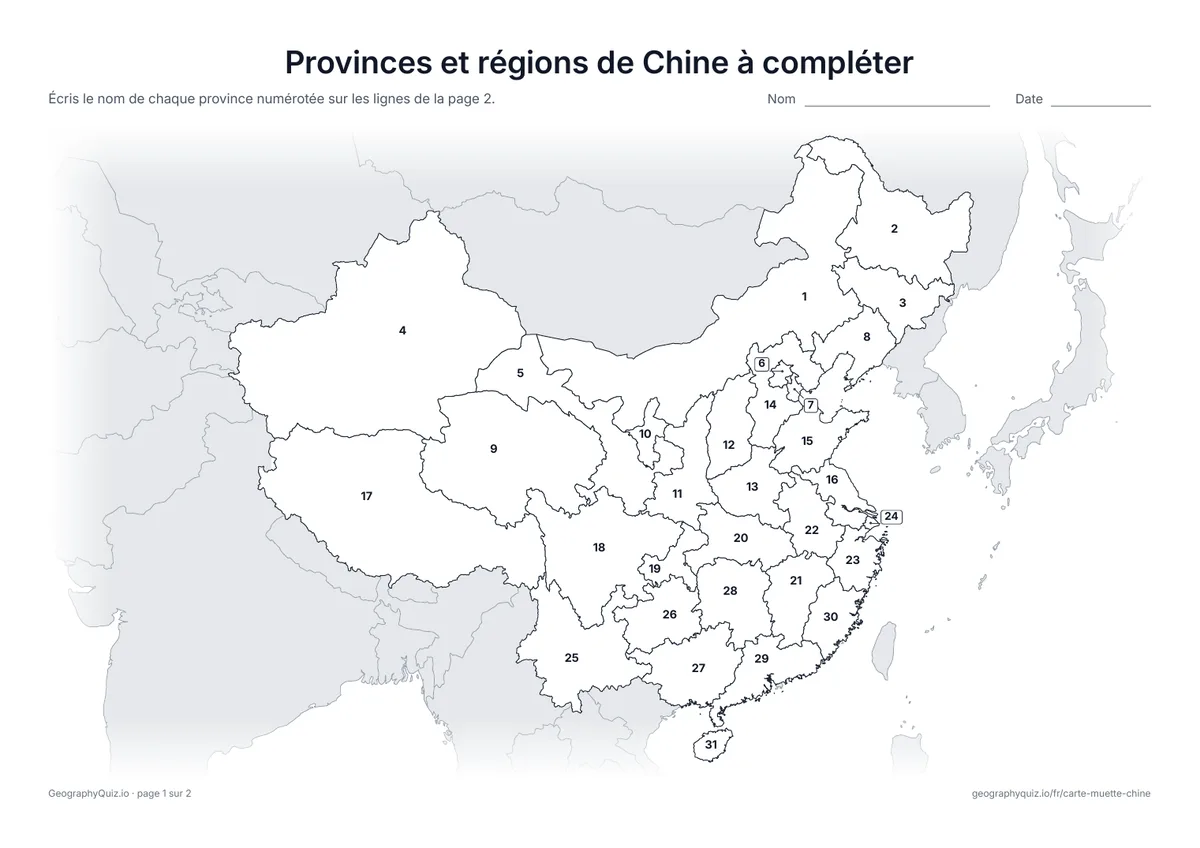 Aperçu de la fiche à imprimer « Provinces et régions de Chine à compléter »