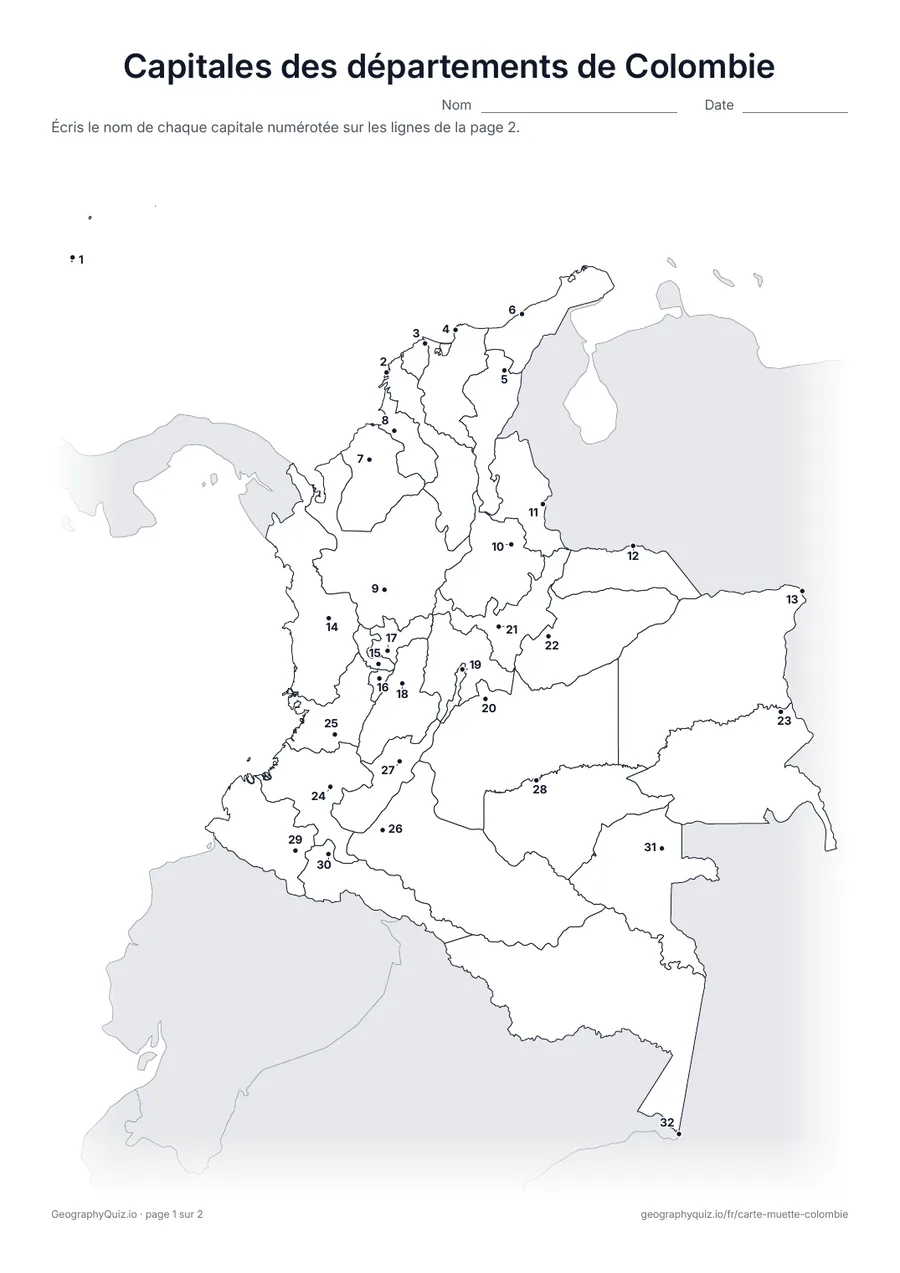 Aperçu de la fiche à imprimer « Capitales des départements de Colombie »