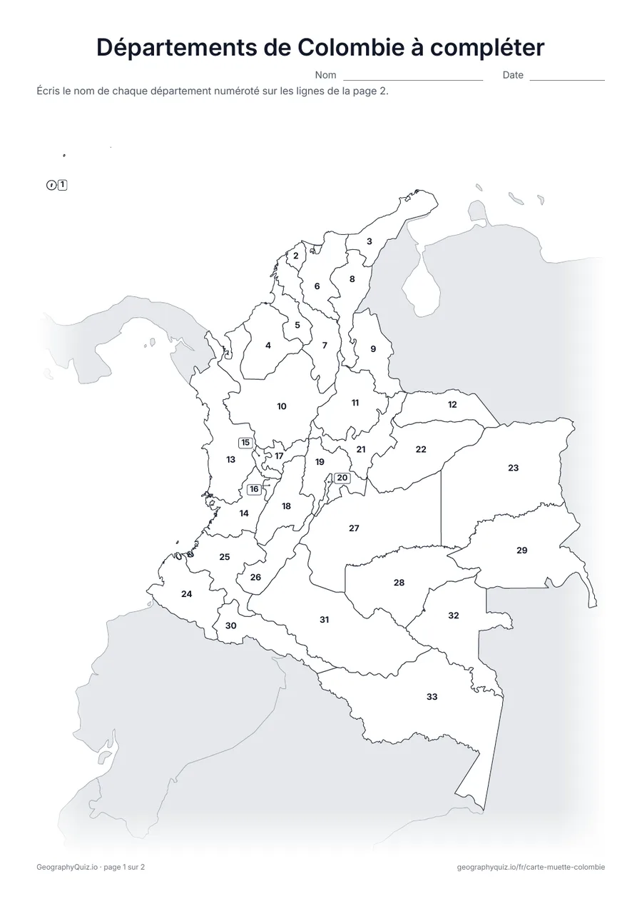 Aperçu de la fiche à imprimer « Départements de Colombie à compléter »