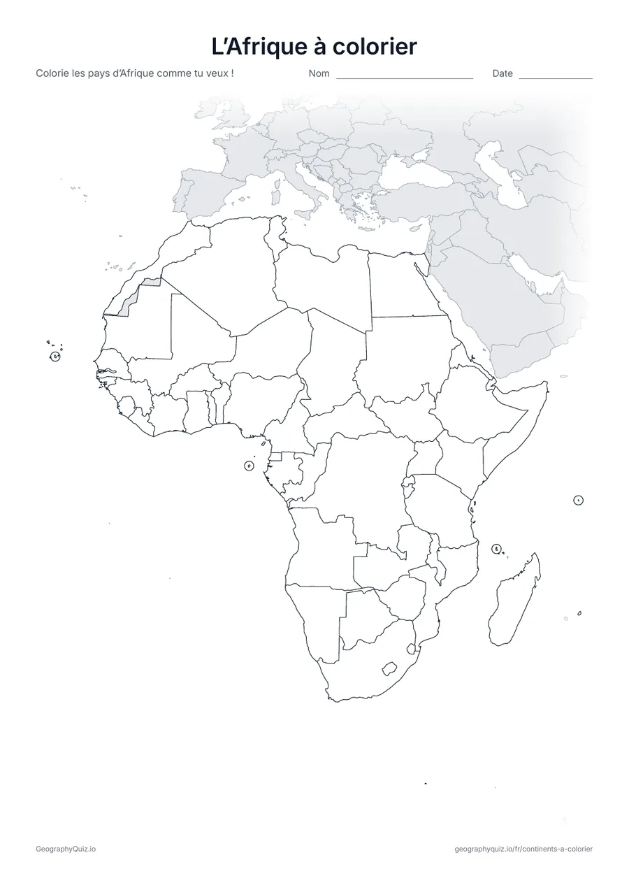 Aperçu de la fiche à imprimer « L’Afrique à colorier »: Une carte de l’Afrique avec ses 54 pays tracés, prête à colorier