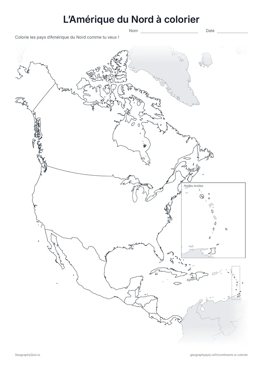 Aperçu de la fiche à imprimer « L’Amérique du Nord à colorier »: Une carte de l’Amérique du Nord, du Canada au Panama et aux Caraïbes, avec tous les pays