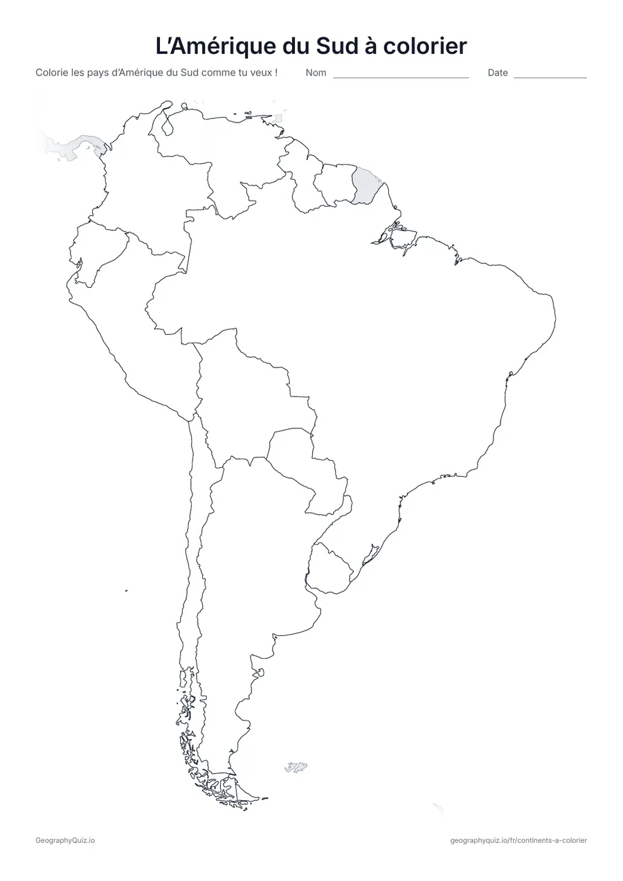 Aperçu de la fiche à imprimer « L’Amérique du Sud à colorier »: Une carte de l’Amérique du Sud avec ses 12 pays : de grandes formes faciles à colorier