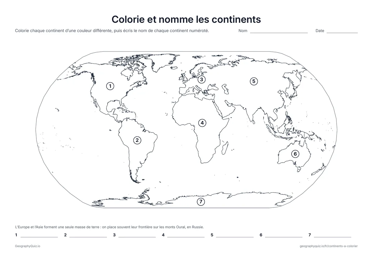 Aperçu de la fiche à imprimer « Colorie et nomme les continents »: Chaque continent porte un numéro