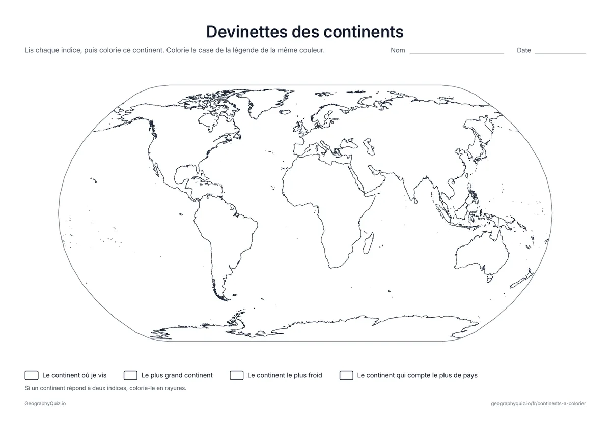 Aperçu de la fiche à imprimer « Devinettes des continents »: Quatre indices, comme le continent le plus froid ou le plus grand