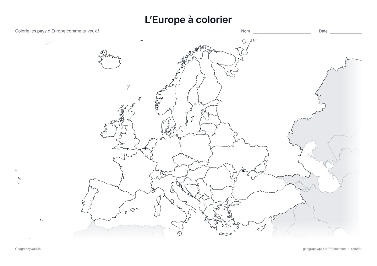 Aperçu de la fiche à imprimer « L’Europe à colorier »: Une carte de l’Europe avec tous les pays et les plus petits encerclés