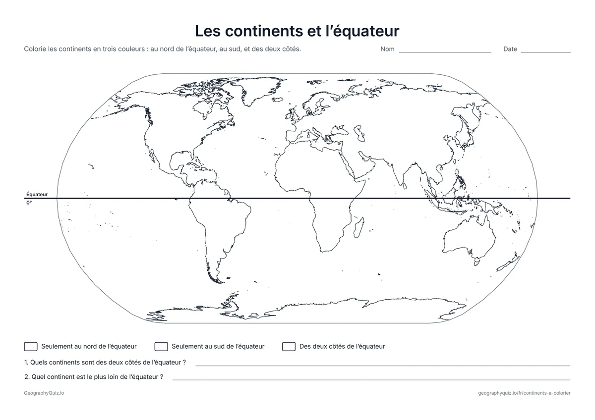 Aperçu de la fiche à imprimer « Les continents et l’équateur »: L’équateur traverse la carte