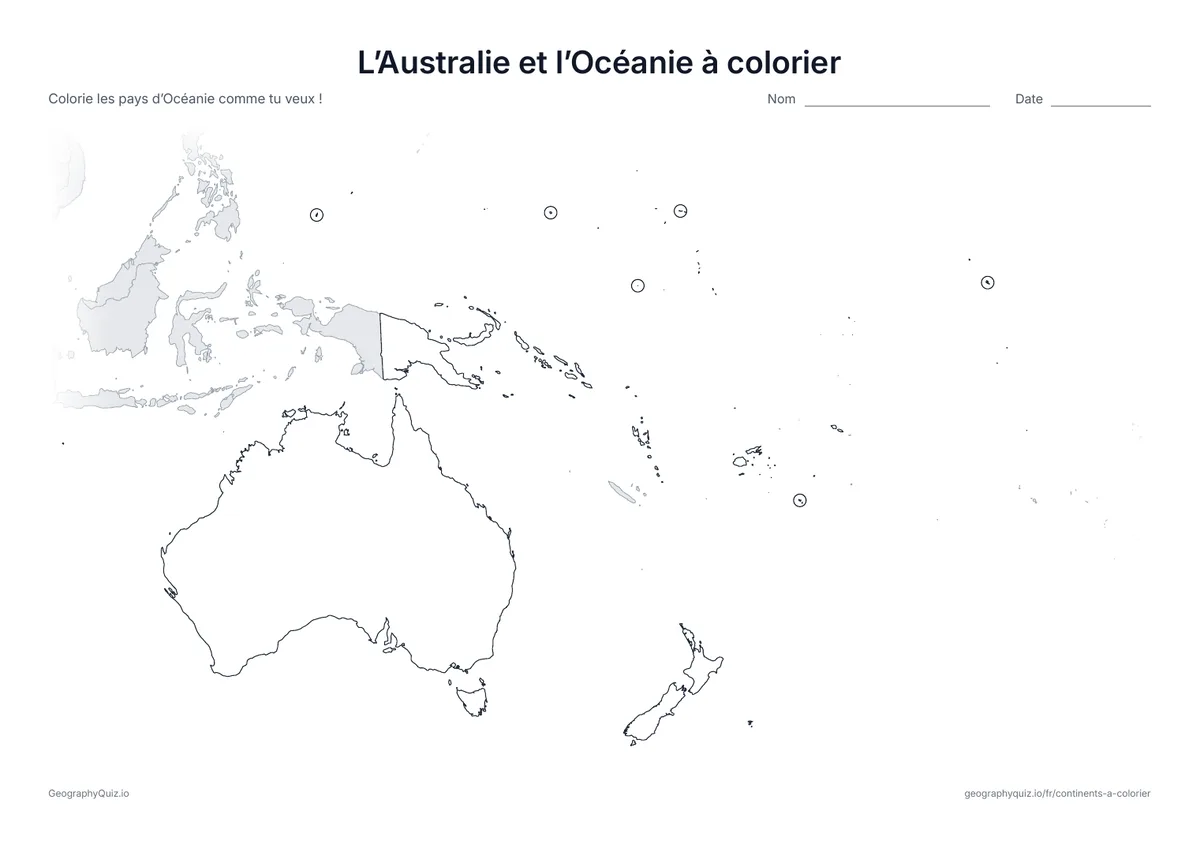 Aperçu de la fiche à imprimer « L’Australie et l’Océanie à colorier »: Une carte de l’Australie, de la Nouvelle-Zélande et des îles du Pacifique, avec les plus petits pays encerclés