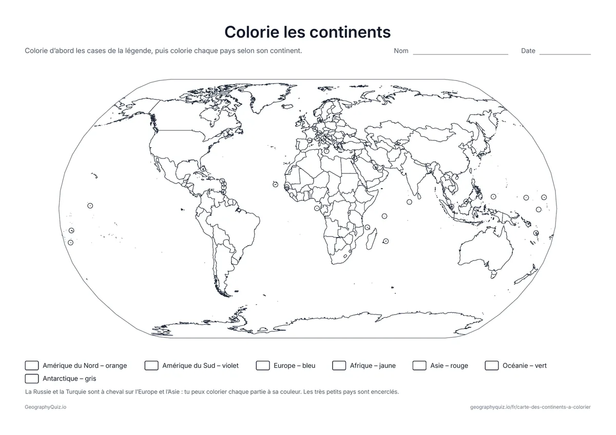 Aperçu de la fiche à imprimer « Colorie les continents »