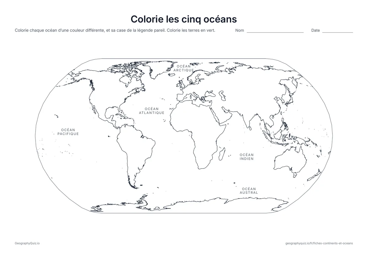 Aperçu de la fiche à imprimer « Colorie les cinq océans »: Les cinq océans sont nommés sur la carte