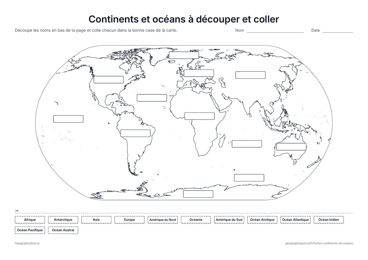 Aperçu de la fiche à imprimer « Continents et océans à découper et coller »: Douze cases vides sur la carte et douze noms à découper et coller au bon endroit : une fiche manipulative pour les plus jeunes