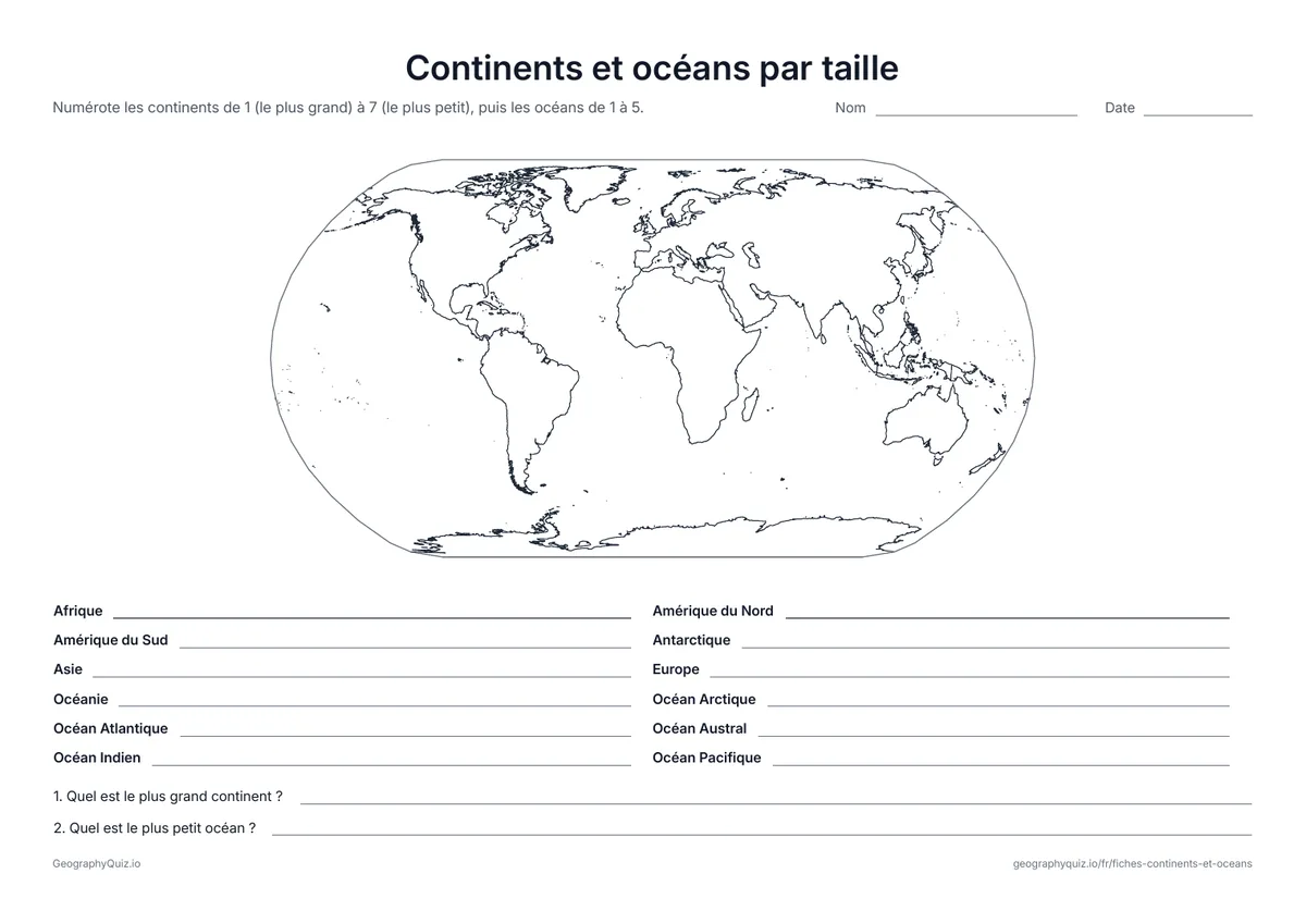 Aperçu de la fiche à imprimer « Continents et océans par taille »: Les élèves numérotent les continents du plus grand au plus petit, puis les océans, et répondent à deux questions