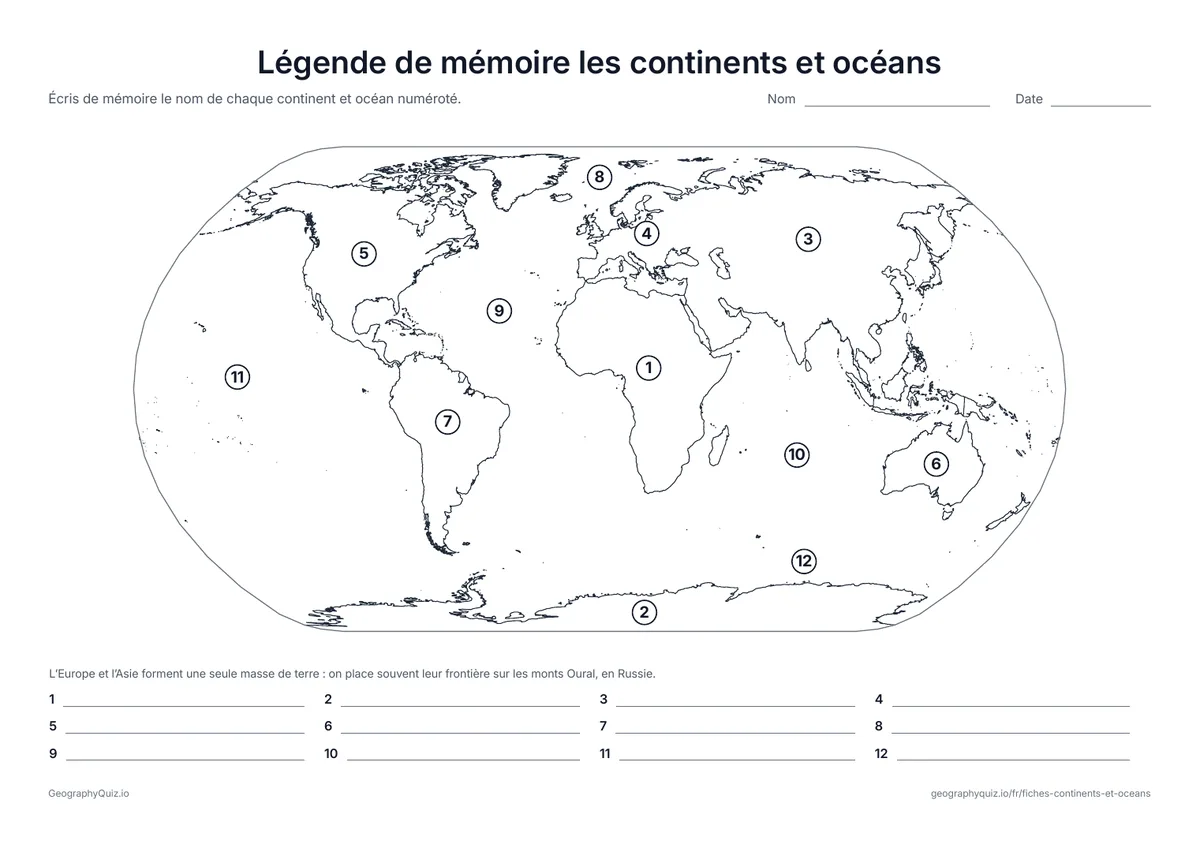 Aperçu de la fiche à imprimer « Légende de mémoire les continents et océans »: Les mêmes douze numéros sans banque de mots : une vérification rapide de ce que les élèves ont retenu