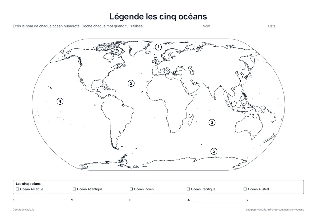 Aperçu de la fiche à imprimer « Légende les cinq océans »: Les cinq océans numérotés sur une carte du monde, avec une banque de mots et une ligne pour chacun