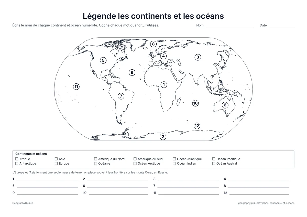 Aperçu de la fiche à imprimer « Légende les continents et les océans »: Douze numéros sur une carte du monde