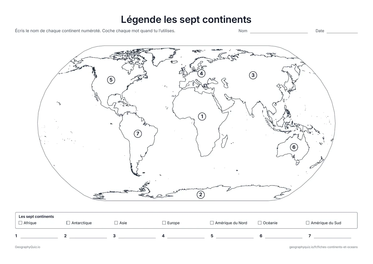 Aperçu de la fiche à imprimer « Légende les sept continents »: Les sept continents numérotés sur une carte du monde, avec une banque de mots et une ligne pour chacun