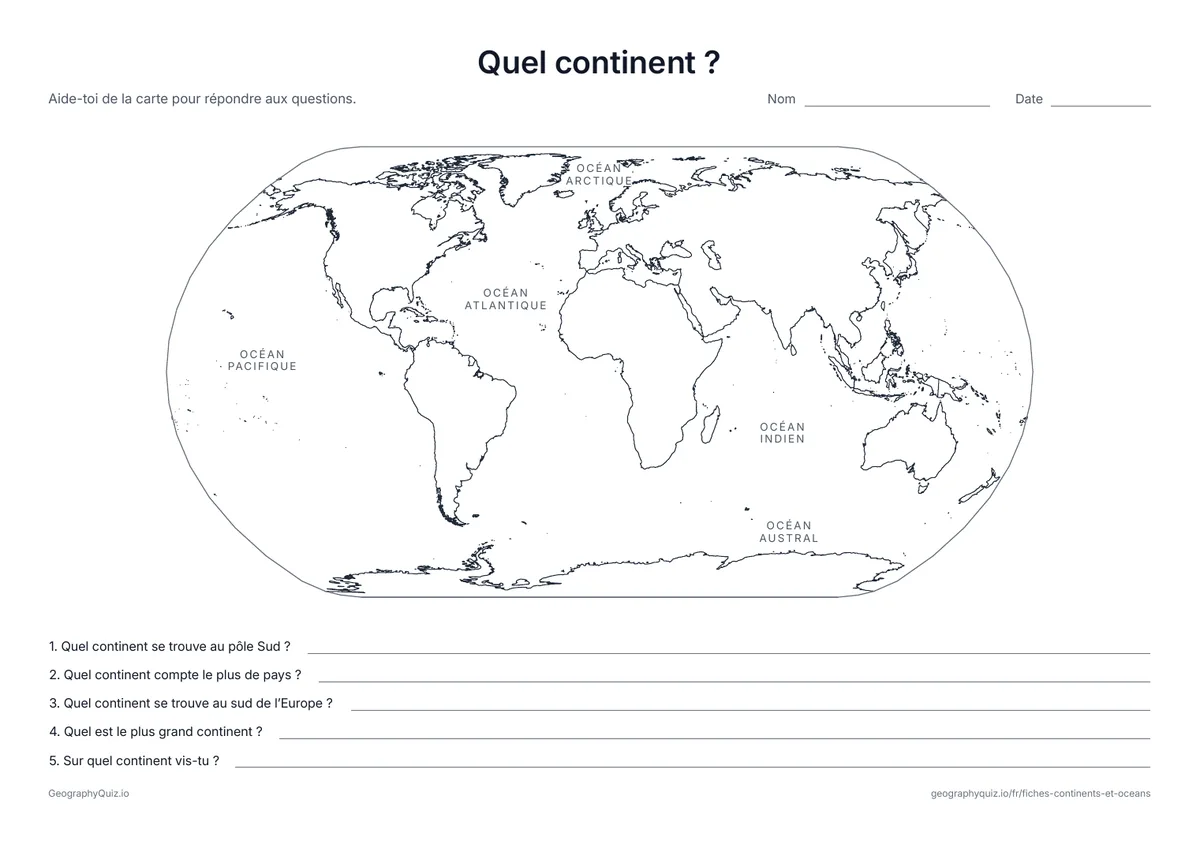 Aperçu de la fiche à imprimer « Quel continent ? »: Les océans sont nommés sur la carte