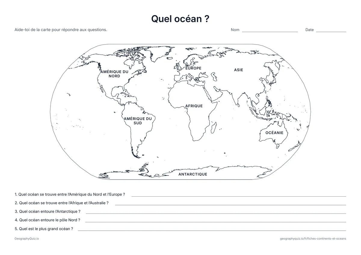 Aperçu de la fiche à imprimer « Quel océan ? »: Les continents sont nommés sur la carte