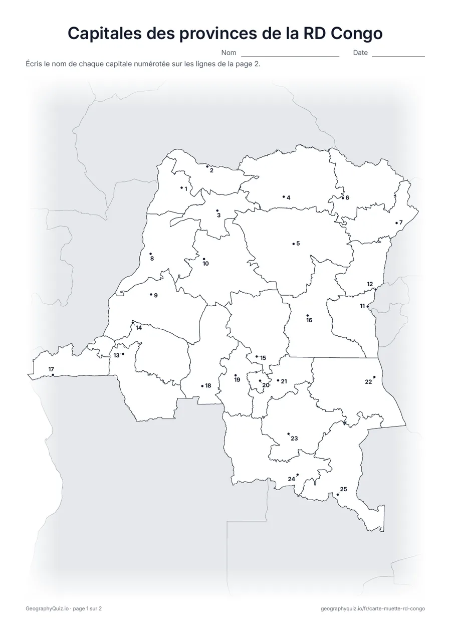 Aperçu de la fiche à imprimer « Capitales des provinces de la RD Congo »