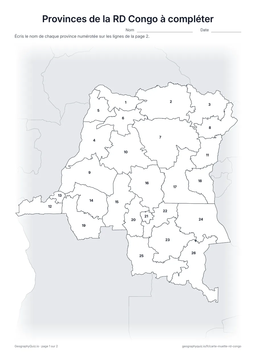 Aperçu de la fiche à imprimer « Provinces de la RD Congo à compléter »