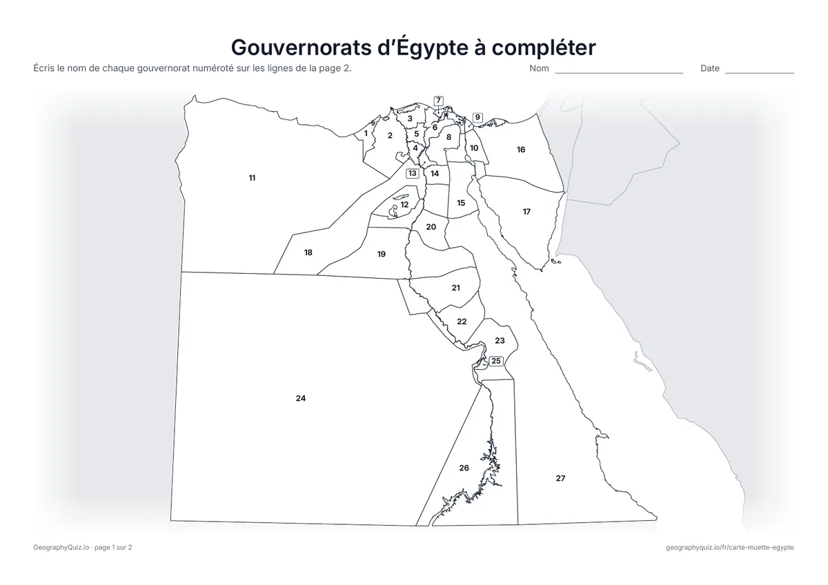 Aperçu de la fiche à imprimer « Gouvernorats d’Égypte à compléter »