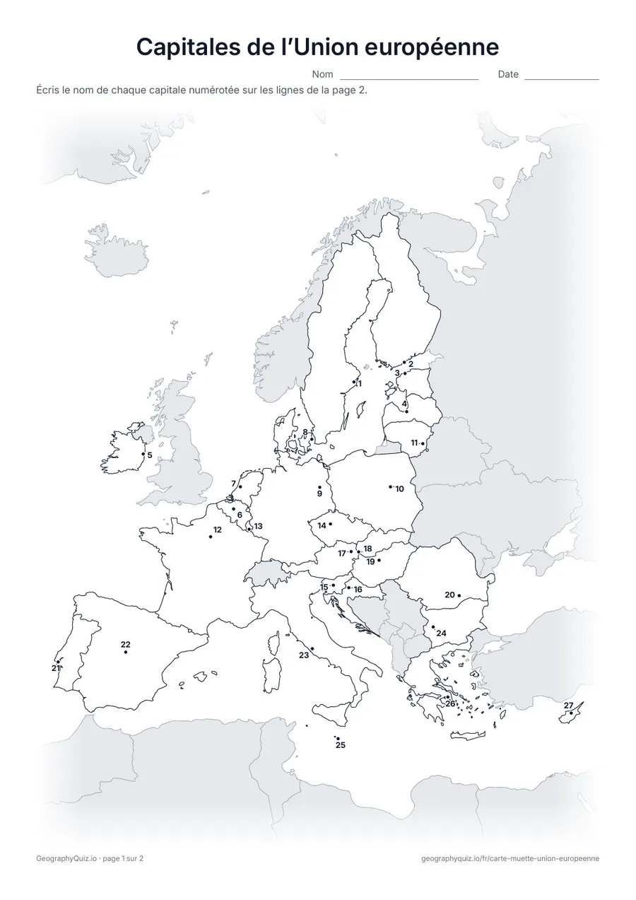 Aperçu de la fiche à imprimer « Capitales de l’Union européenne »