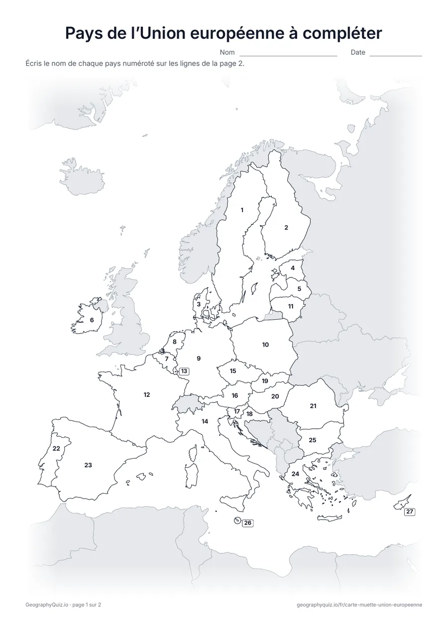Aperçu de la fiche à imprimer « Pays de l’Union européenne à compléter »