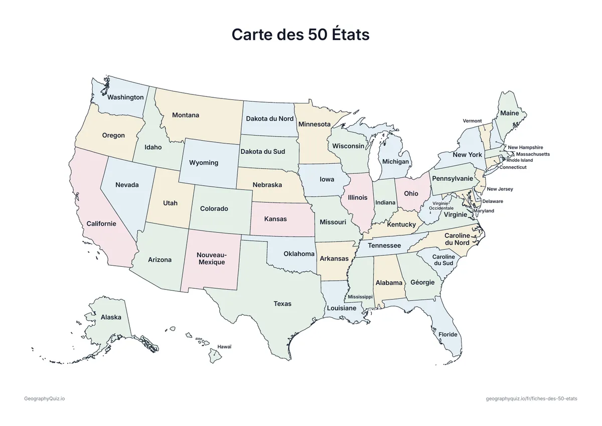 Aperçu de la fiche à imprimer « Carte des 50 États »: Une carte des États-Unis avec tous les États nommés, en couleurs douces : une référence à garder ou à afficher