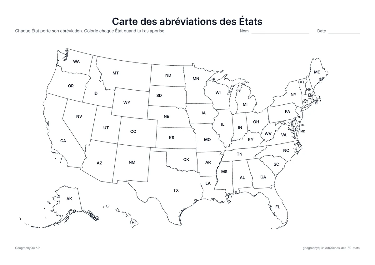 Aperçu de la fiche à imprimer « Carte des abréviations des États »: Chaque État avec son abréviation en deux lettres, de AL à WY