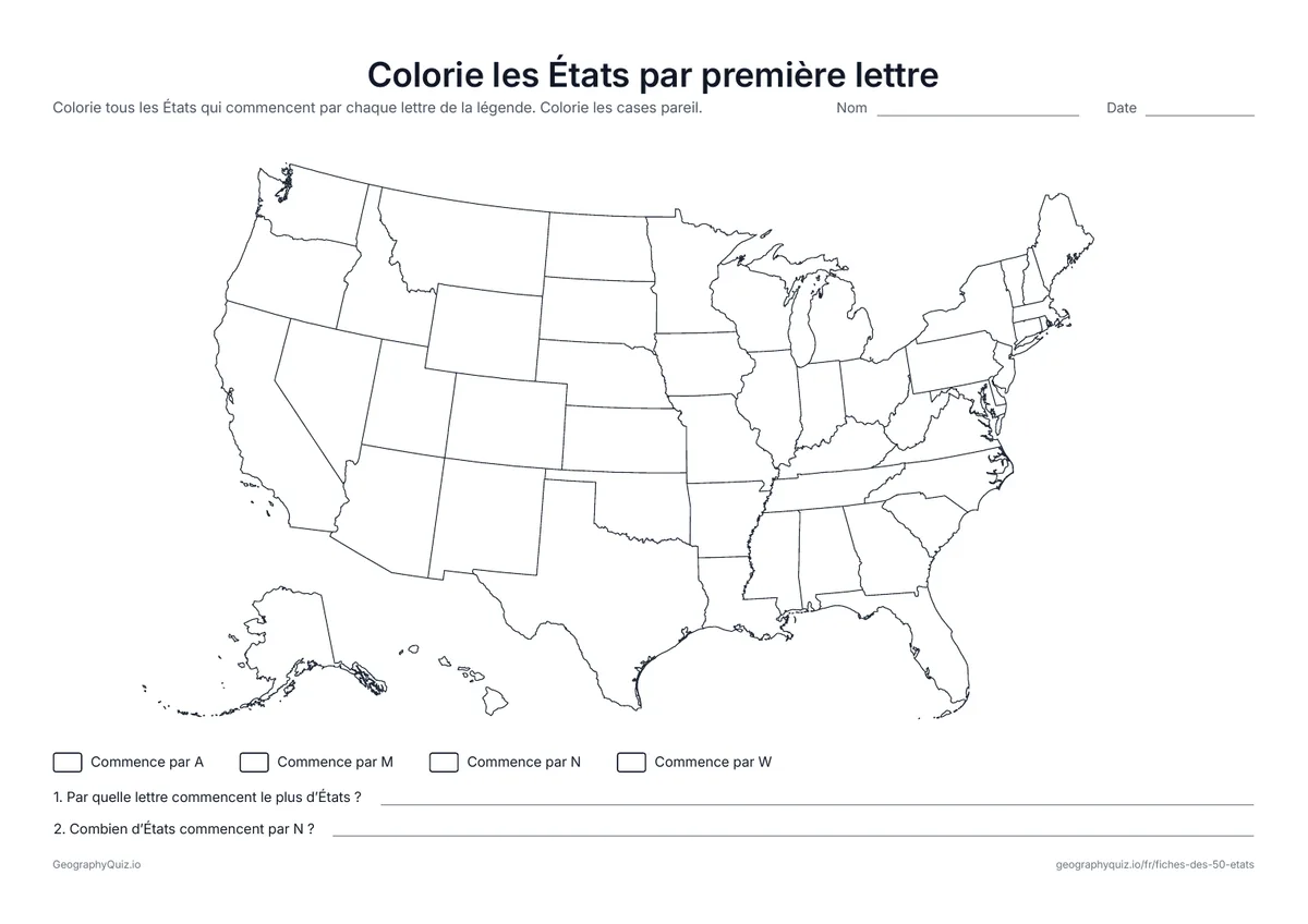 Aperçu de la fiche à imprimer « Colorie les États par première lettre »: Les élèves colorient les États qui commencent par A, M, N ou W selon la légende et comptent chaque groupe