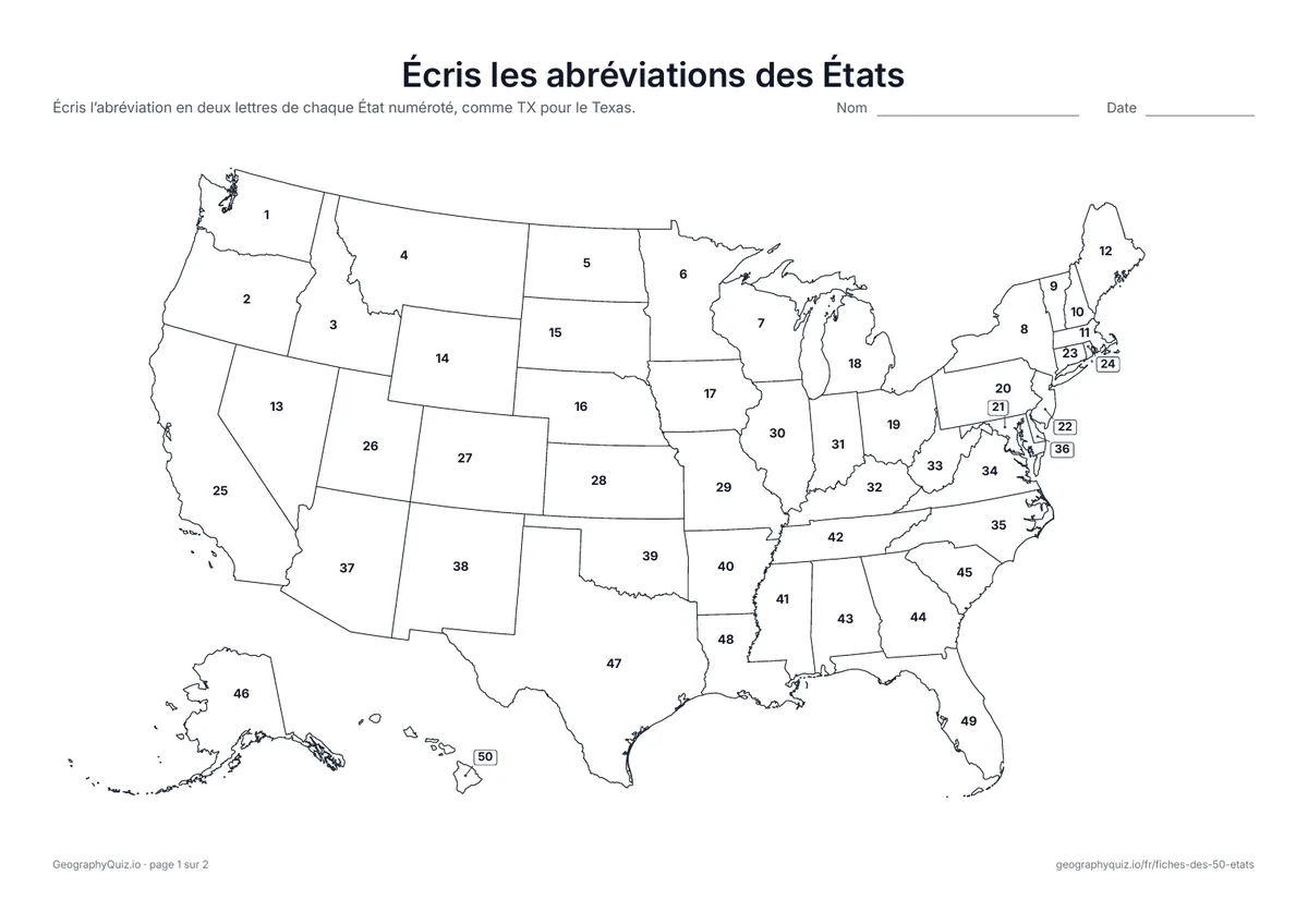 Aperçu de la fiche à imprimer « Écris les abréviations des États »: Les États sont numérotés