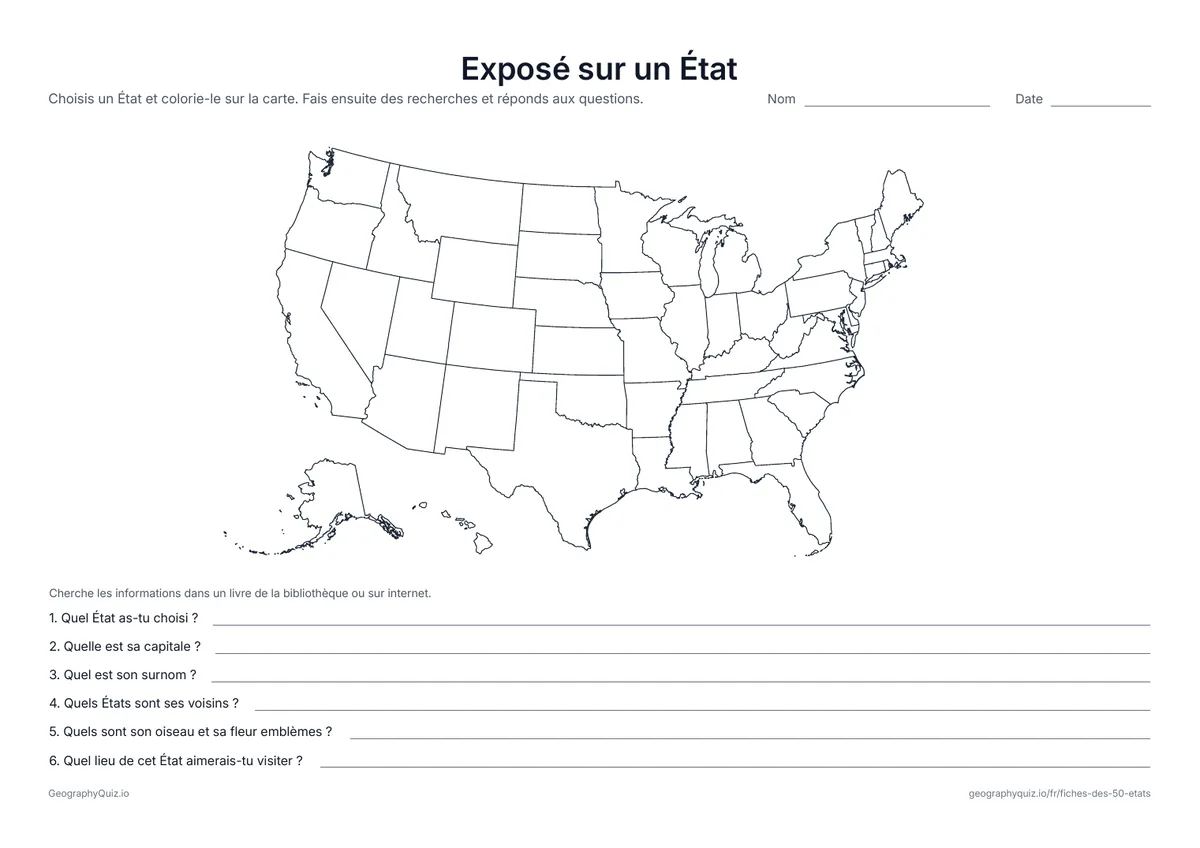 Aperçu de la fiche à imprimer « Exposé sur un État »: Les élèves choisissent un État, le colorient sur la carte et écrivent sa capitale, son surnom, ses voisins, son oiseau et sa fleur emblèmes