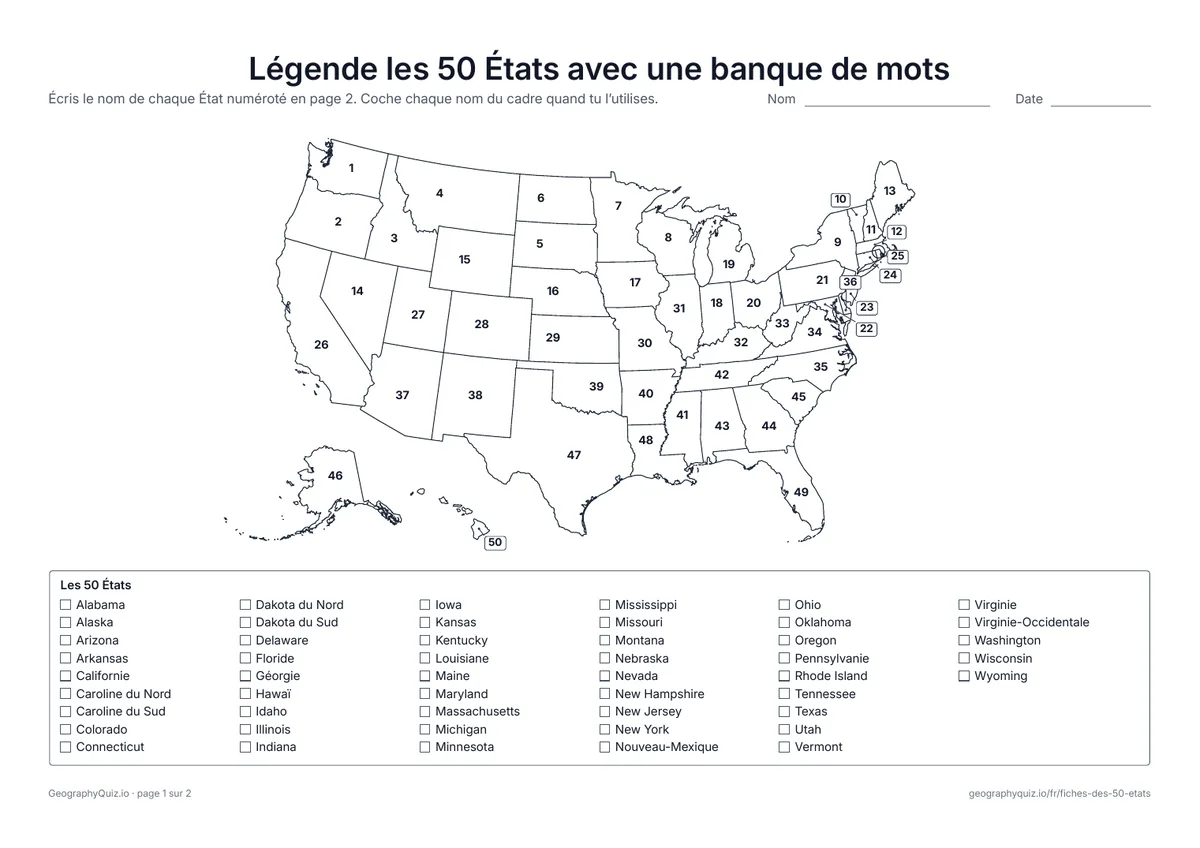 Aperçu de la fiche à imprimer « Légende les 50 États avec une banque de mots »: Chaque État est numéroté