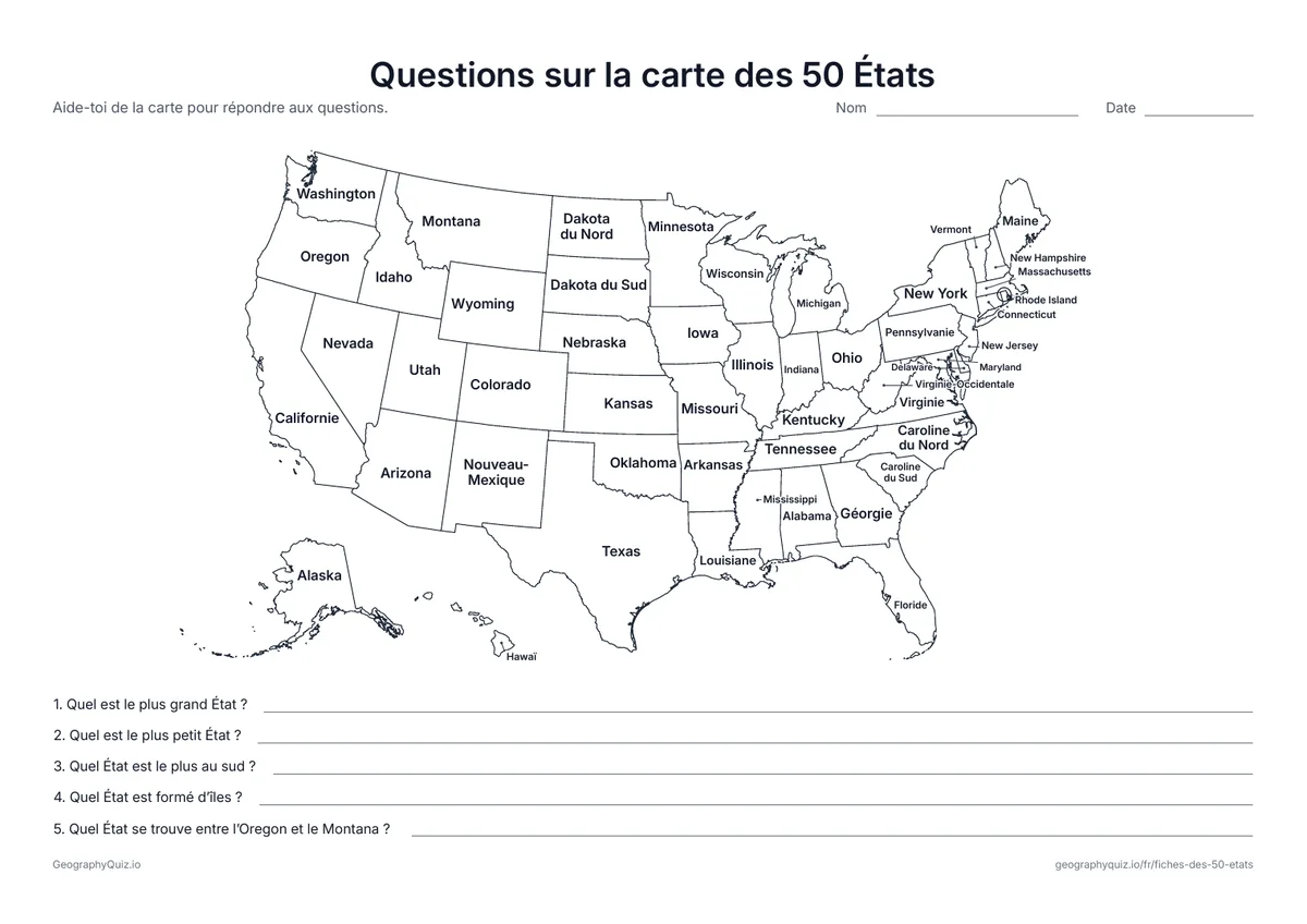 Aperçu de la fiche à imprimer « Questions sur la carte des 50 États »: Une carte légendée et cinq questions sur les États les plus grands, les plus petits et les plus éloignés