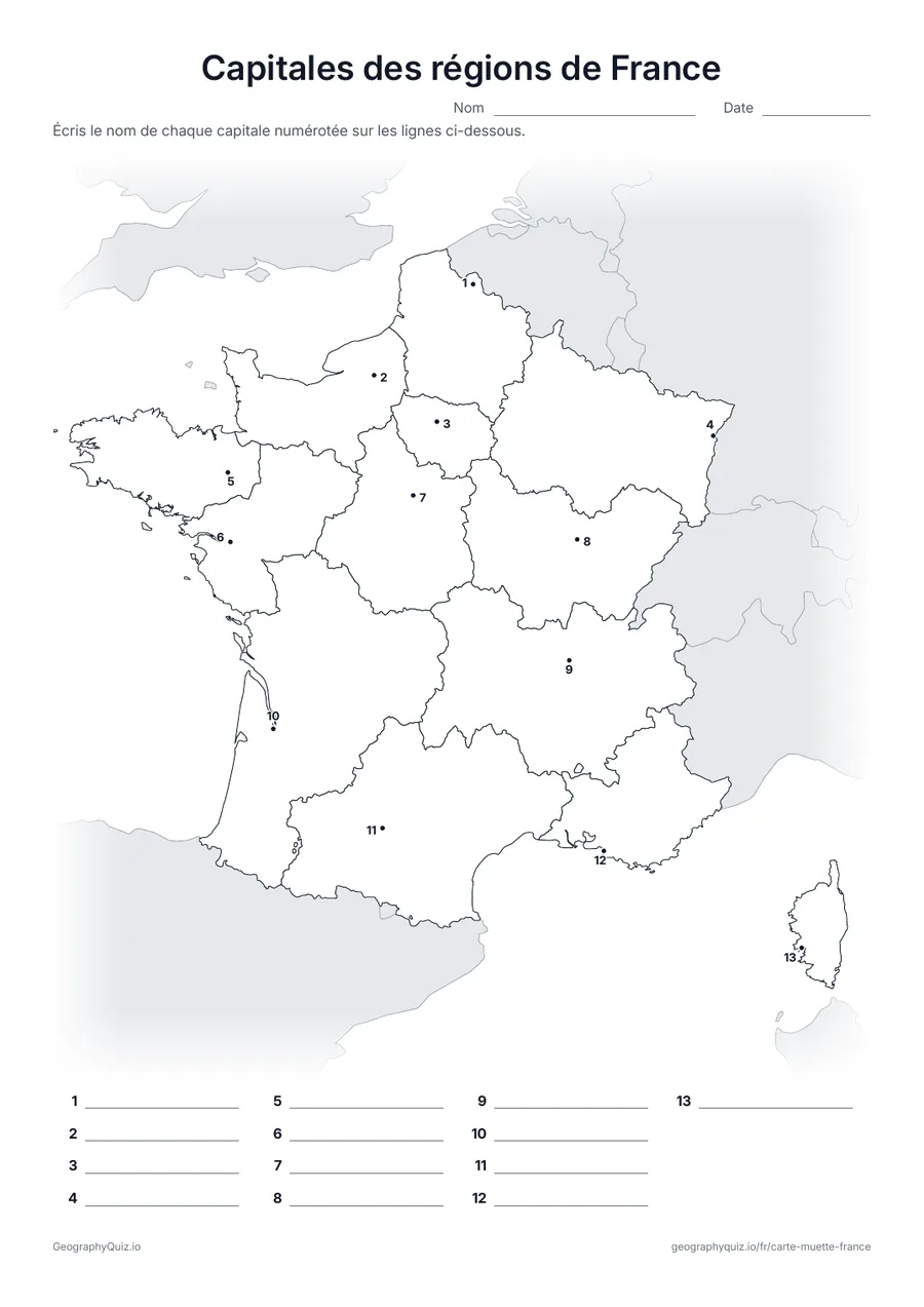 Aperçu de la fiche à imprimer « Capitales des régions de France »