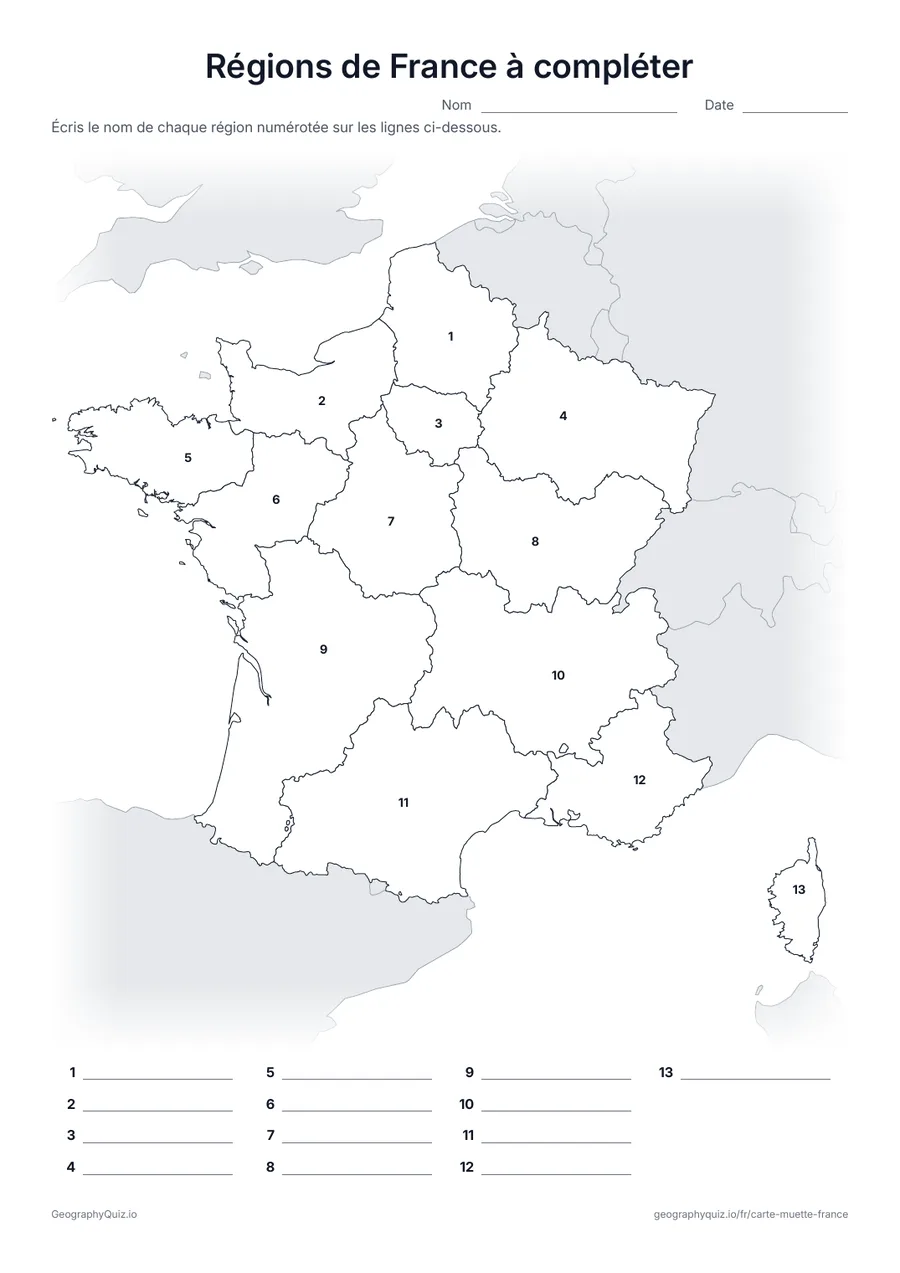 Aperçu de la fiche à imprimer « Régions de France à compléter »