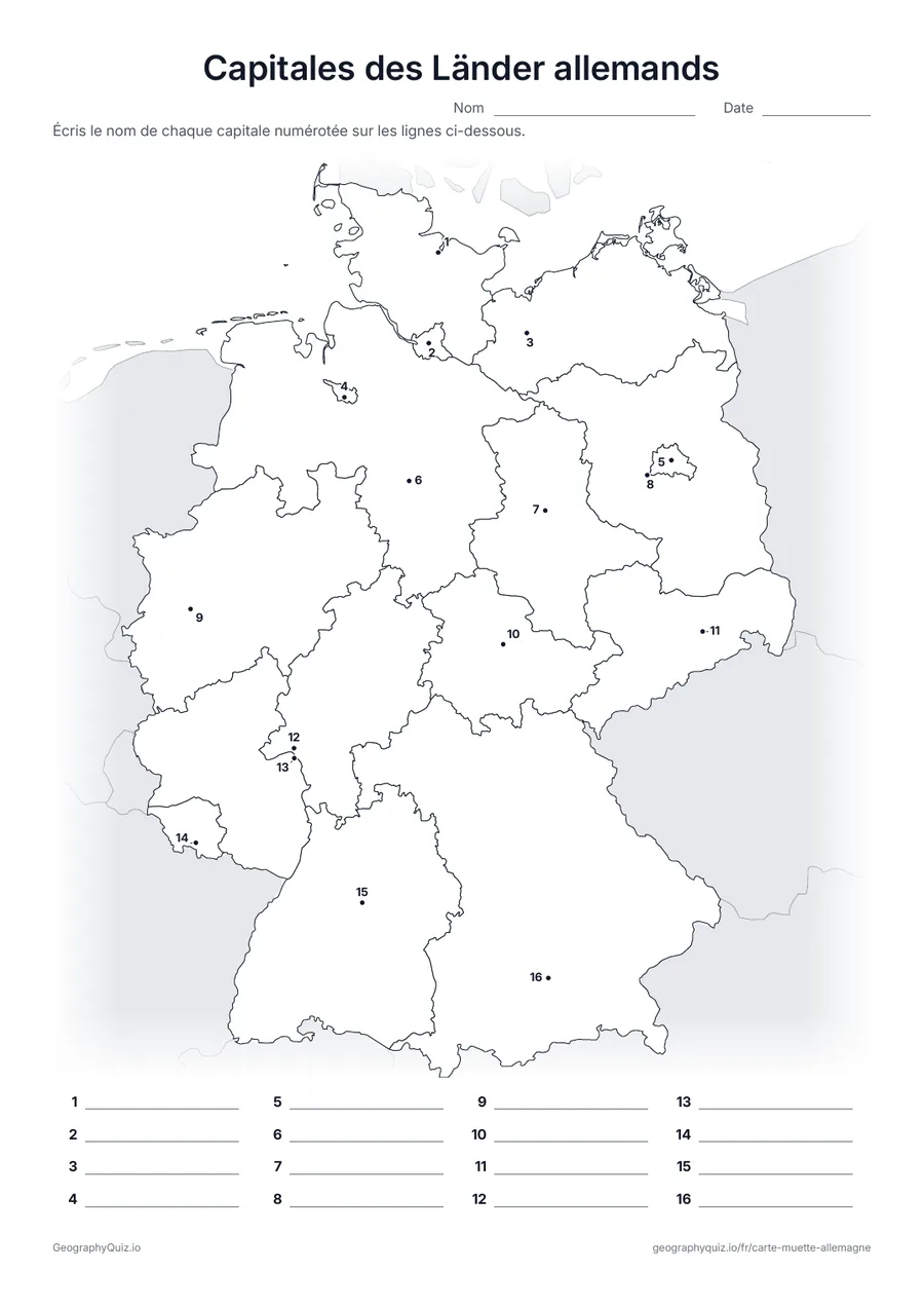 Aperçu de la fiche à imprimer « Capitales des Länder allemands »