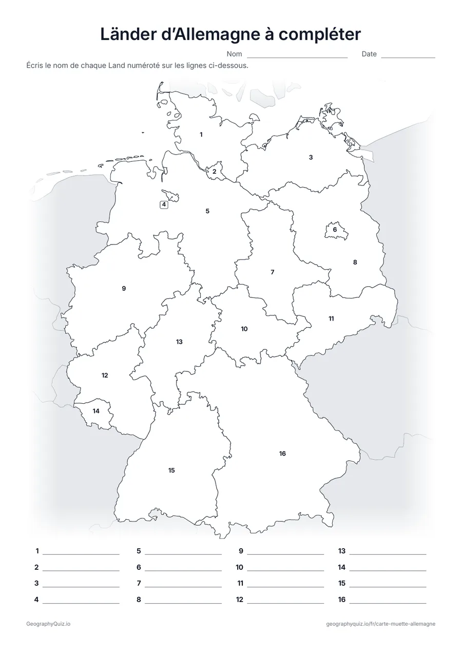 Aperçu de la fiche à imprimer « Länder d’Allemagne à compléter »