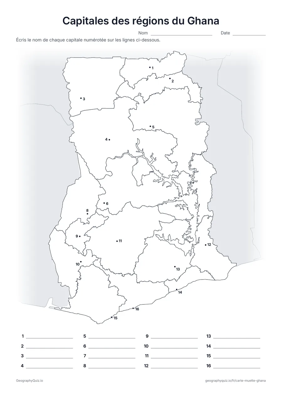 Aperçu de la fiche à imprimer « Capitales des régions du Ghana »