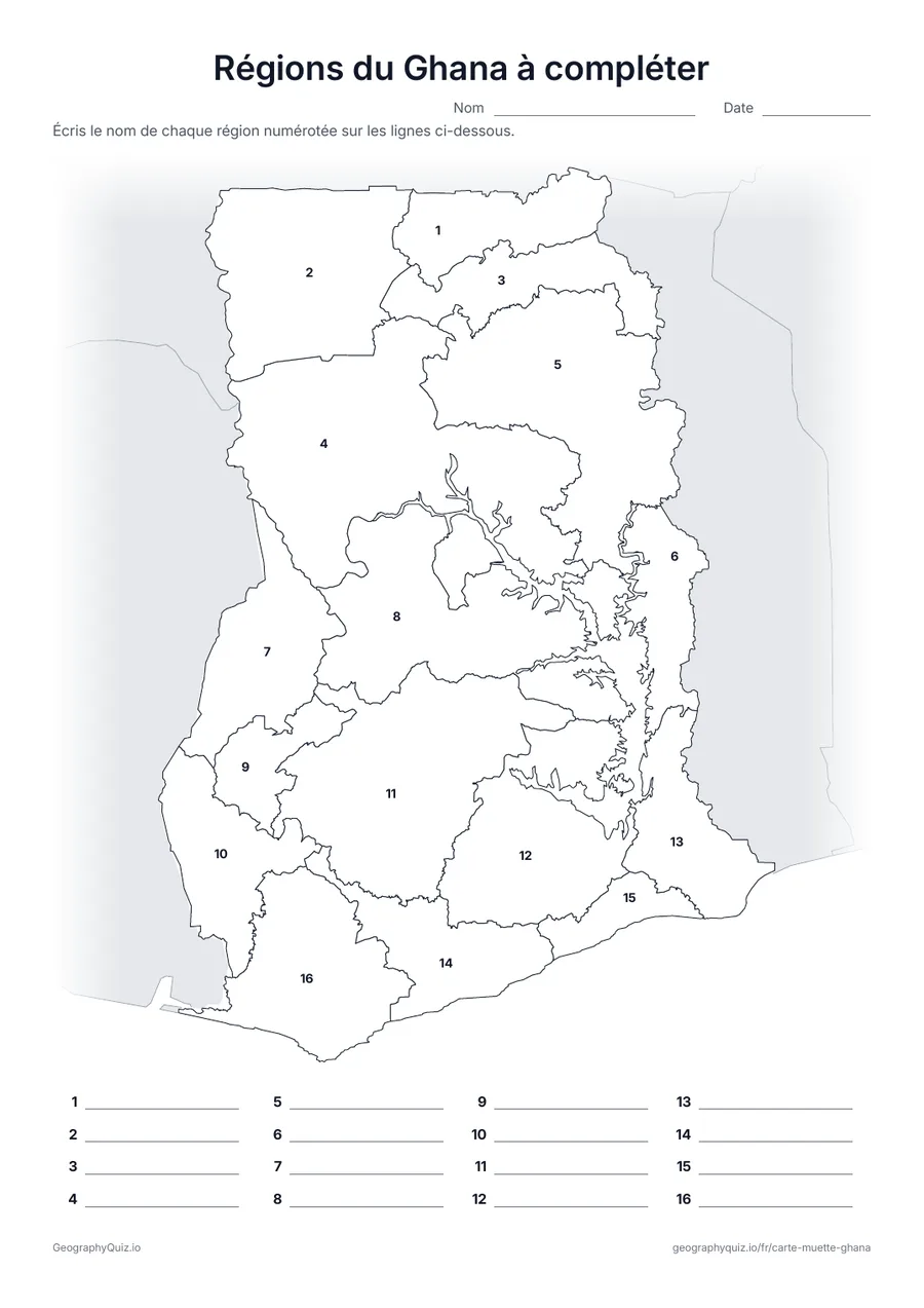 Aperçu de la fiche à imprimer « Régions du Ghana à compléter »