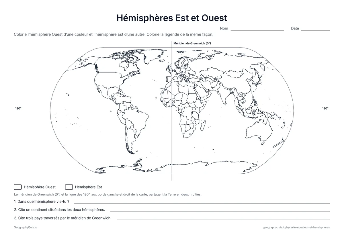 Aperçu de la fiche à imprimer « Hémisphères Est et Ouest »