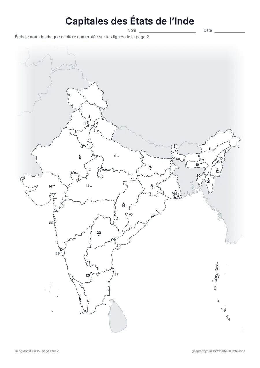 Aperçu de la fiche à imprimer « Capitales des États de l’Inde »