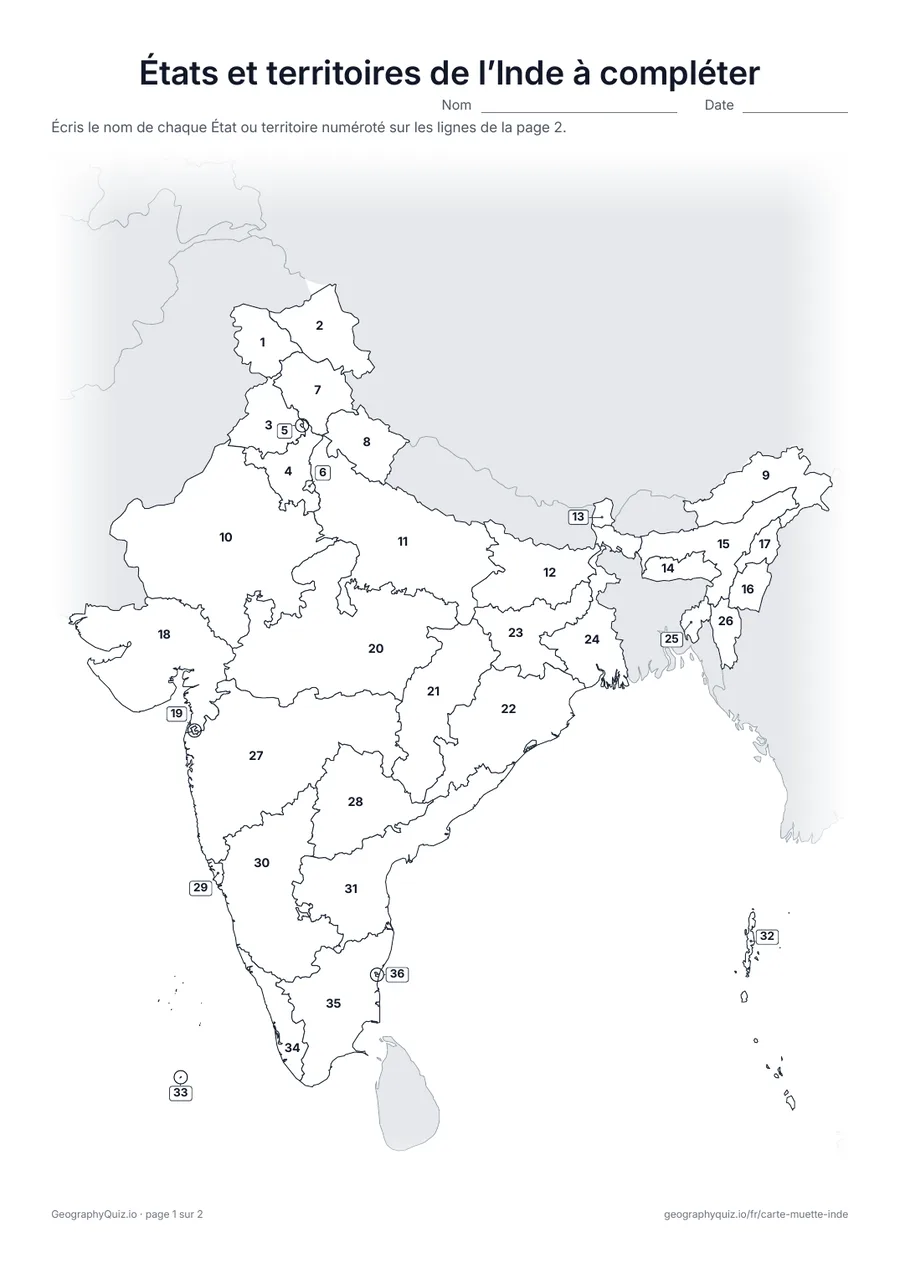 Aperçu de la fiche à imprimer « États et territoires de l’Inde à compléter »
