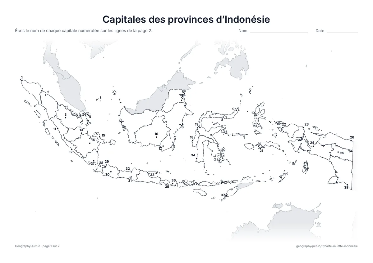Aperçu de la fiche à imprimer « Capitales des provinces d’Indonésie »