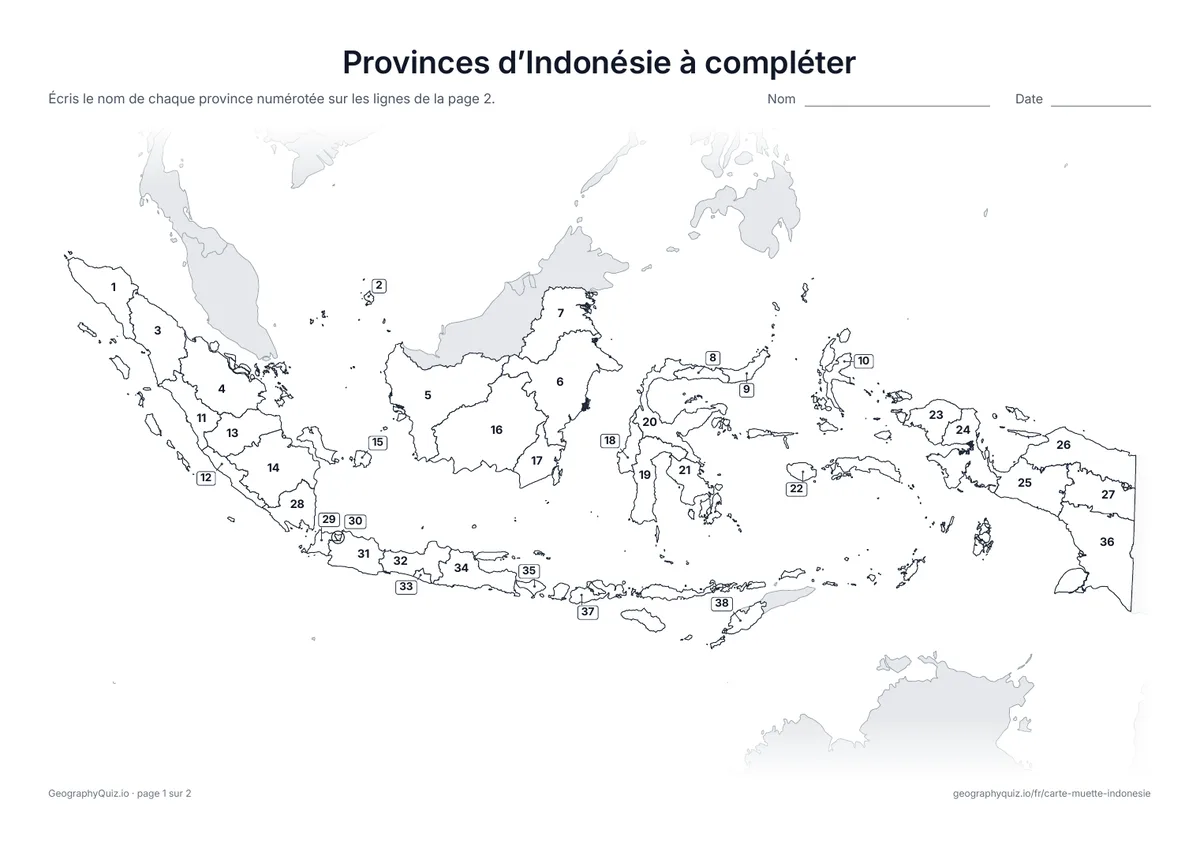 Aperçu de la fiche à imprimer « Provinces d’Indonésie à compléter »